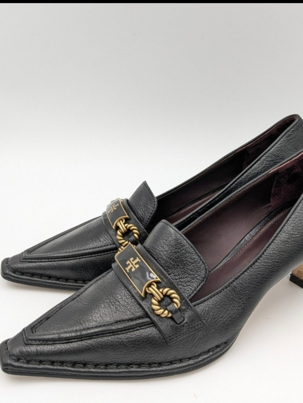 Tory Burch Black Leather Pointed Kitten Heel Loafers with Gold Hardware